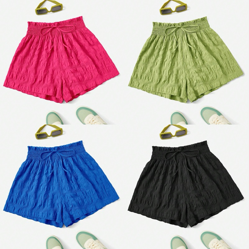 พร้อมส่ง กางเกงขาสั้นเอวสูงสาวอวบ สีพื้น เอวสม็อค ขาบาน เอว 27-40 นิ้ว