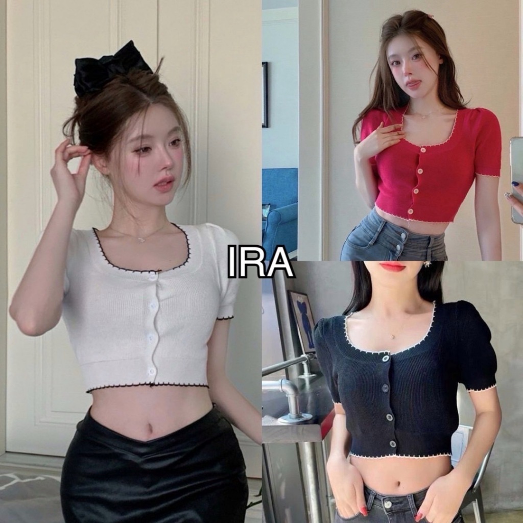 ซื้อในไลฟ์สดลดเหลือ 50.- BY IRA พร้อมส่ง(850)Crop top เสื้อคลอปไหมพรมคอเหลี่ยม กระดุมหน้าใช้งานได้จริง ผ้านุ่มงานดี