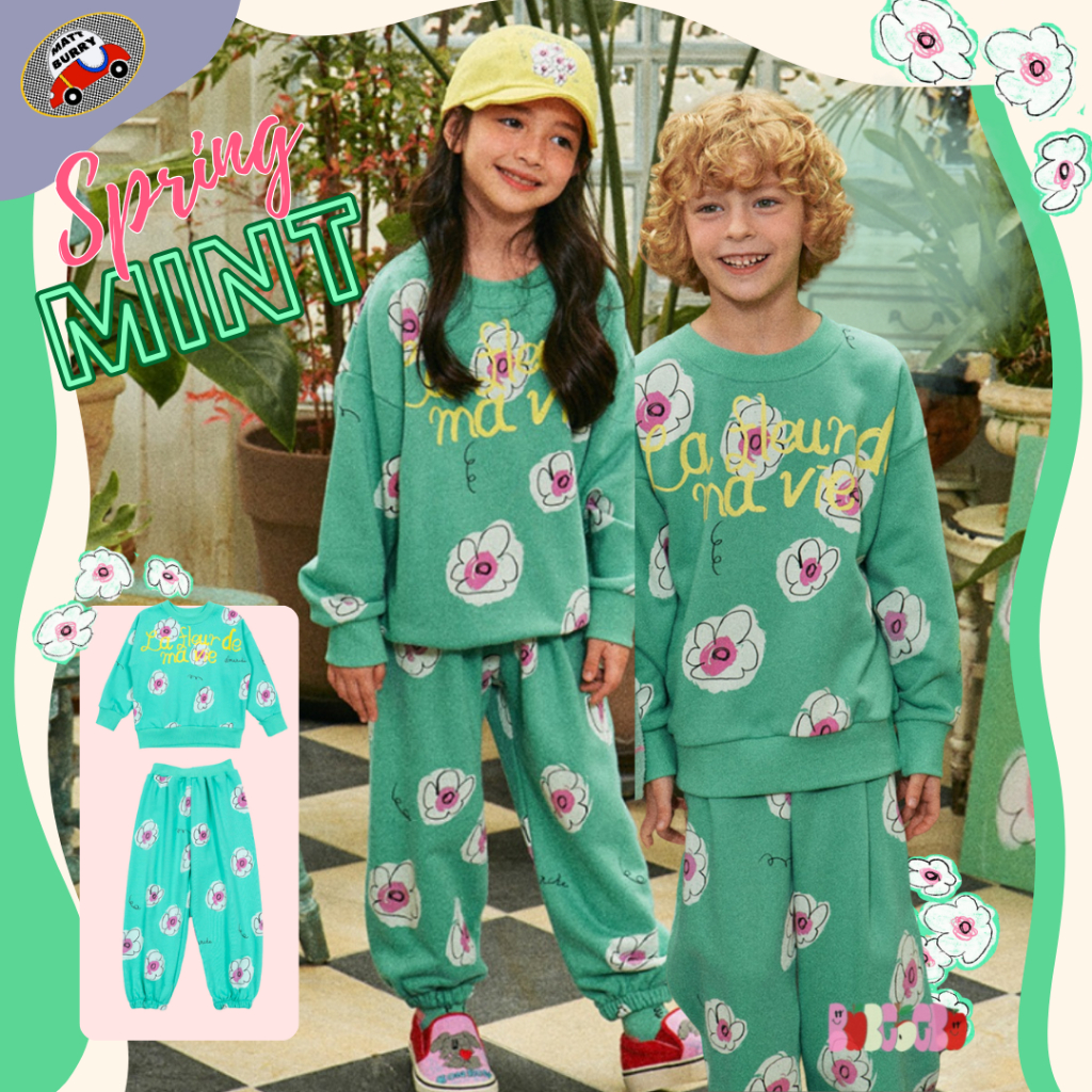 BeBe (mattburry ของแท้ นำเข้าเกาหลี พร้อมส่ง) ชุดเซ๊ทเด็ก Mint Flowers สีฟ้าเขียว เซ๊ทเสื้อsweater แขนยาว+กางเกงขายาว