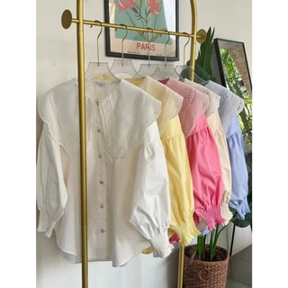 ป้าย Saturday เสื้อเชิ้ตผ้าคอตตอนแต่งปกลูกไม้ หน้าผ้า 44 นิ้ว
