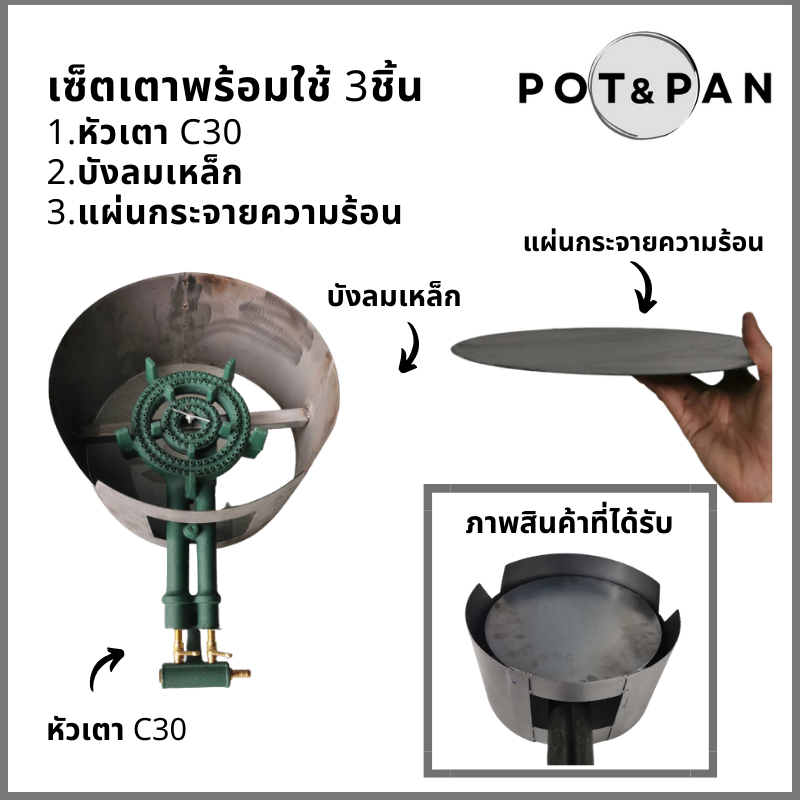 หัวเตา c30 ไส้เตา เตาแม่ค้า พร้อมบังลมเหล็ก มีอุปกณ์เสริม