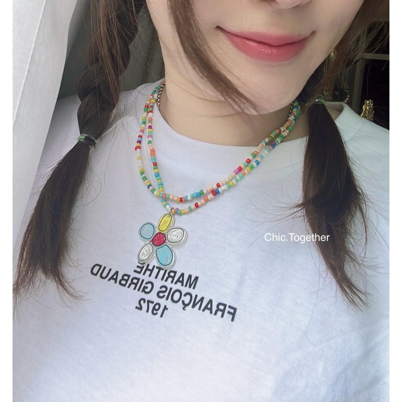 🍭🍭N e w  I n สร้อยคอลูกปัดคละสี 2 เส้นคู่ & ห้อยจี้ดอกไม้อะคลิลิคเพ้นท์ลาย