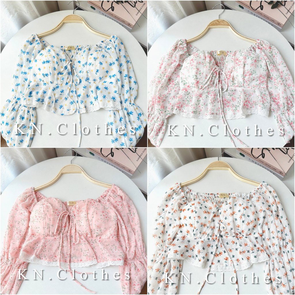 Ideal เสื้อแขนญาญ่า ผูกโบว์หน้า ผ้าชีฟองพิมพ์ลาย