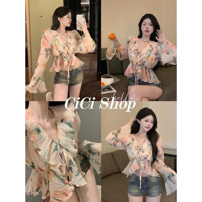 Cicishop(J989)เสื้อเชิ้ตแขนยาวdetail ผูกโบว์ด้านหน้าพิมพ์ลายดอกไม้ตรงแขนแต่งชายระบายสไตล์ฝรั่งเศส