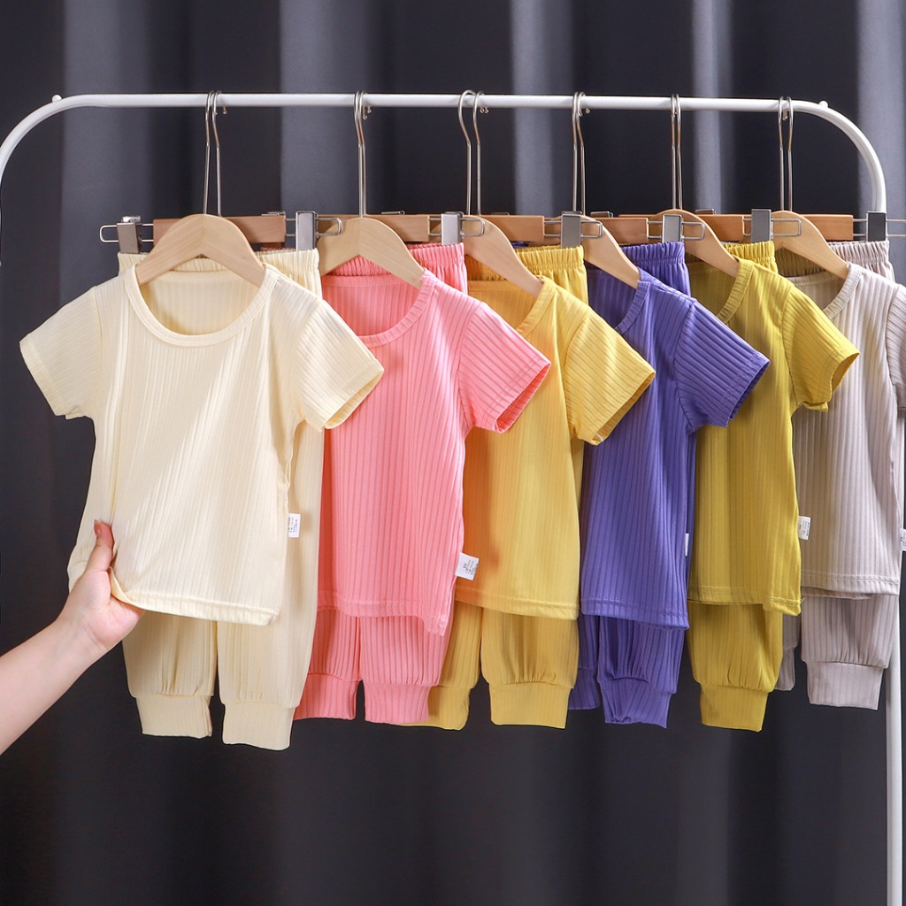 Babyonline(Y204)L4 ชุดเซ็ตเสื้อแขนสั้นกางเกงขายาวผ้าฝ้าย ผ้าร่อง นิ่ม พริ้ว ใส่สบาย