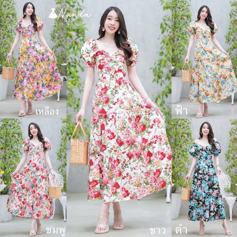 ⚜️Nunda Style⚜️ เดรสแขนตุ๊กตาเเต่งโบว์หน้าค่ะ งานมีโบว์เอว เนื้อผ้าไหมอีตาลี่พิมลายดอกใส่สบาย มีซับใน