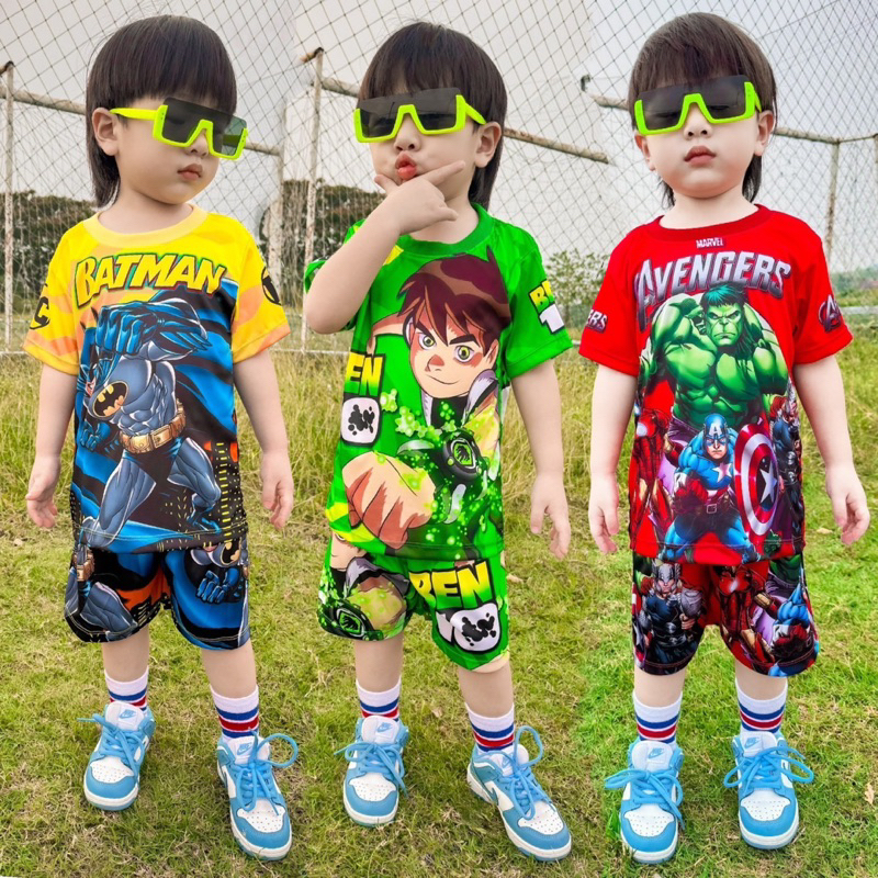 ชุดเซ็ทเด็ก เสื้อแขนสั้น+กางเกงขาสั้น ชุดเด็ก ลายซุปเปอร์ฮีโร่ ผ้าไมโครไฟเบอร์