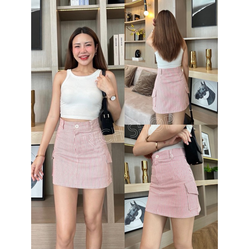 Cargo skirt 🌈 กระโปรงกางเกงทรงคาร์โก้ (ลายริ้ว) ทรงเอ ทรงสวย เข้ารูป 🦋