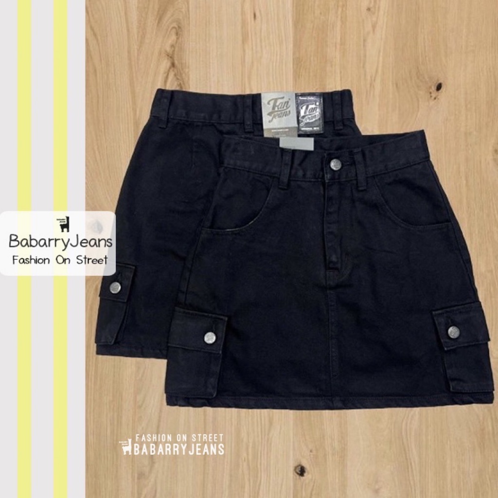 BabarryJeans กระโปรงยีนส์ คาร์โก้ เอวสูง ผู้หญิง เก็บพุง ผ้ายีนส์ไม่ยืด สีดำ