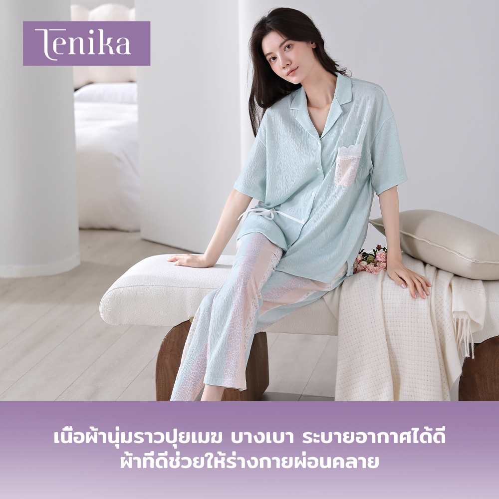 TENIKA ชุดนอน ผู้หญิง เสื้อแขนสั้น ขาสี่ส่วน ผ้าจีบ ชุดอยู่บ้าน ฟรีไซส์ M-XXLรหัส HW-013 — صورة 6