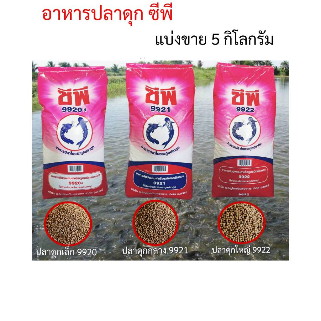 อาหารปลาดุก ซีพี 9920 ปลาดุกเล็ก 9921 ปลาดุกกลาง 9922 ปลาดุกใหญ่ แบ่งขาย 5 กิโลกรัม อาหารสำเร็จรูปชนิดเม็ดลอยน้ำ