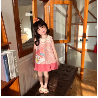 1-9ปี เดรสเด็กผู้หญิง มินิเดรสเด็กผู้หญิง ฤดูร้อน ใหม่ ชุดการ์ตูนหวานกลีบคอแขนกุดทารกกระโปรงเจ้าหญิง