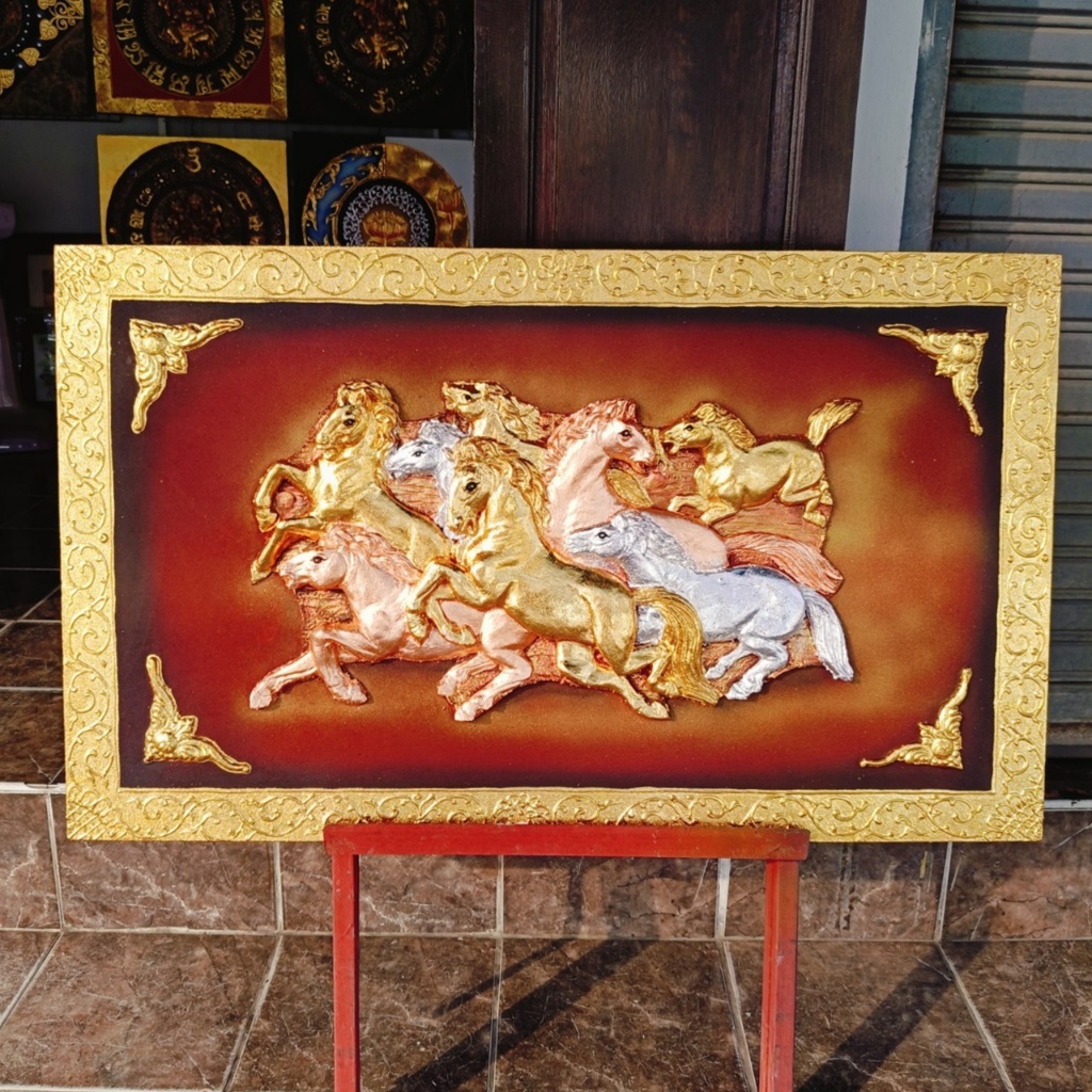 ภาพตกแต่งผนัง ภาพศิลปะ บนผืนผ้าใบ แบบปิดทอง ขนาด 100 x 60 ซม. รูปม้า 8 เซียน จัดส่งแบบประกอบสำเร็จบนเฟรมไม้
