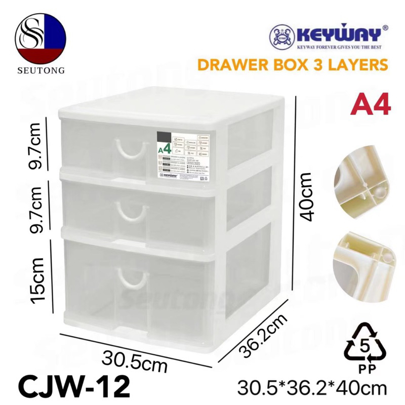 Keywayกล่องลิ้นชัก (ใส่A4ได้) ลิ้นชักอเนกประสงค์3ชั้น สีใส เเข็งเเรงทนทาน รุ่น CJW-12