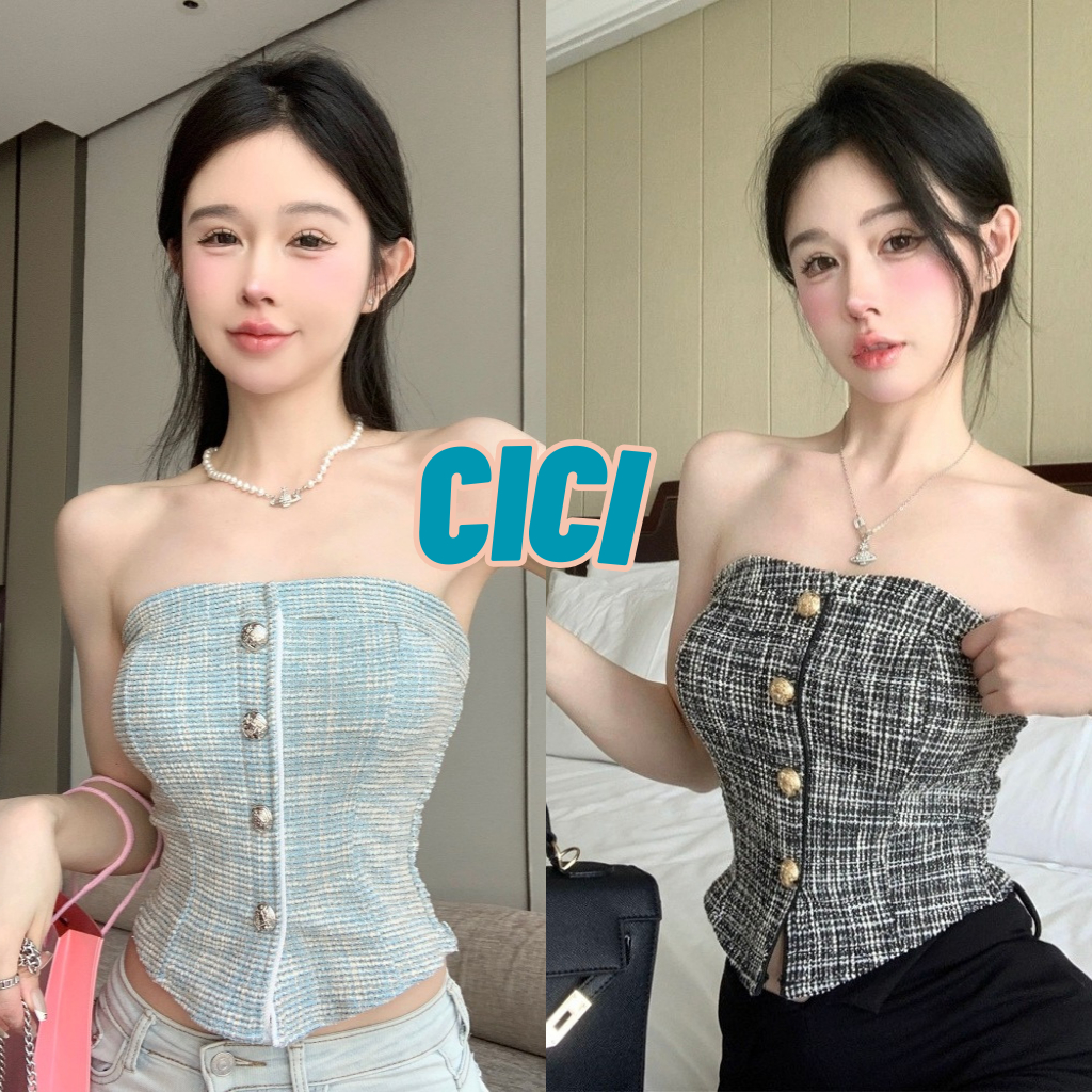 ส่งทันที Cici(NO. J981)เกาะอก ผ้าชาแนล กระดุมทอง สวยหรู สไตล์คุณหนูหวานเซ็กซี่