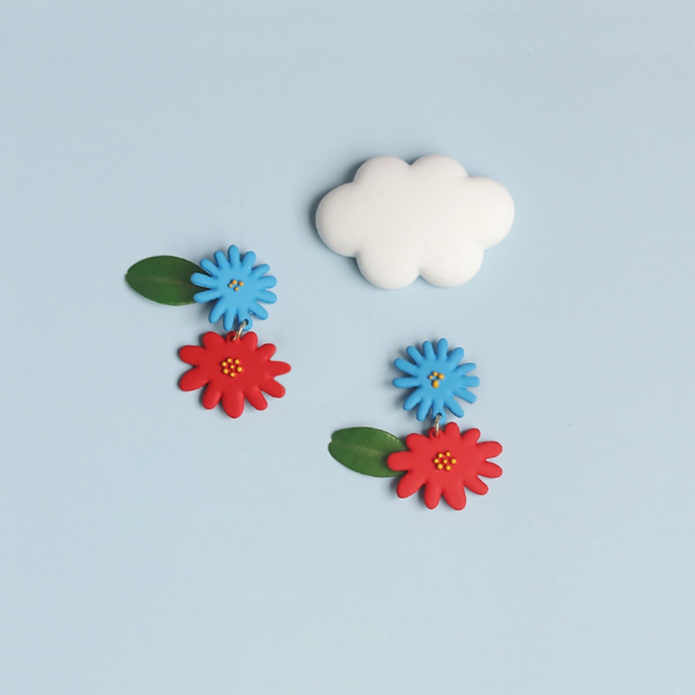 (ส่งฟรี) ต่างหู Trendy flowers Blue & red earrings