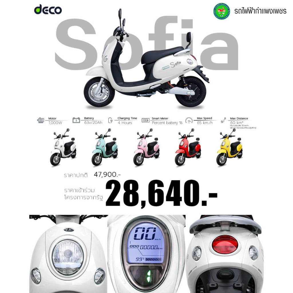 รถมอเตอร์ไซค์ไฟฟ้า DECO รุ่น Sofia จดทะเบียนและทำพรบ.ได้