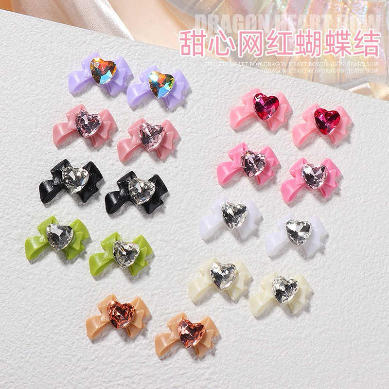 พร้อมส่ง อะไหล่ติดเล็บ โบว์ประดับเพชรหัวใจ 10ชิ้น