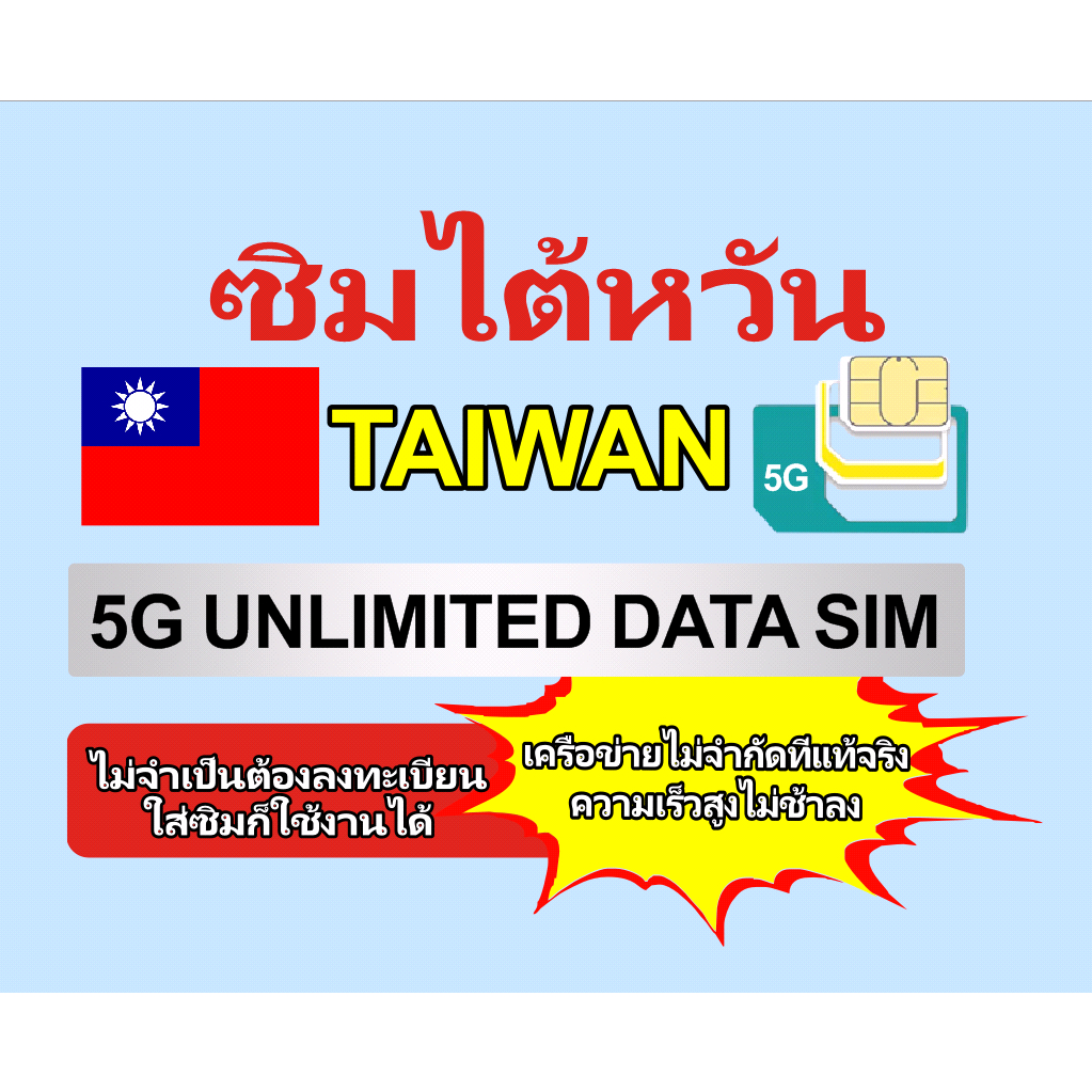 (ChuangHwaTel 5G เครือข่ายไม่จำกัดโดยไม่ต้องชะลอตัว) Taiwan travel sim ซิมท่องเที่ยวไต้หวัน 1วัน~15วัน ไม่ต้องลงทะเบียน