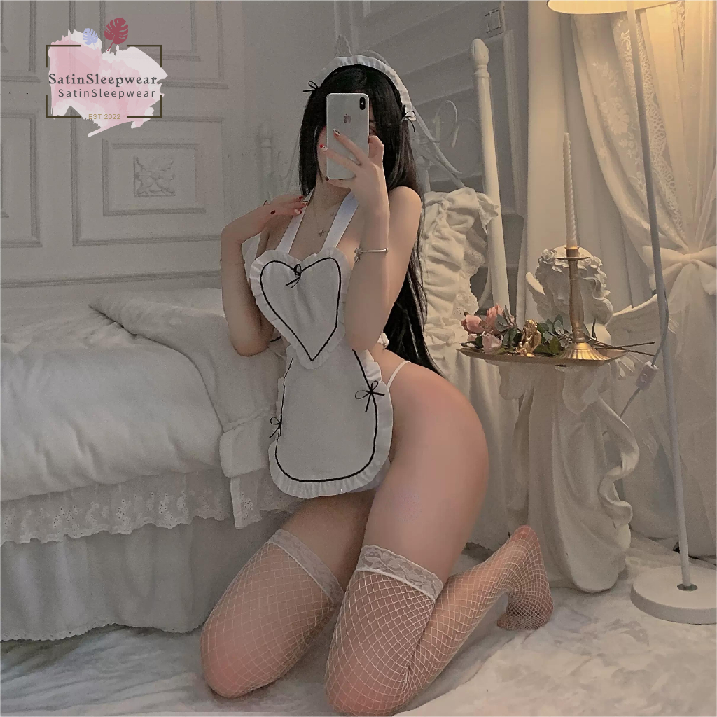 SatinSleepwear☁️☁️ชุดนอนไม่ได้นอน คอสเพลย์ ชุดชั้นในเซ็กซี่🤍🤍ชุดแม่บ้านเซ็กซี่ผูกโบว์คอ H9166