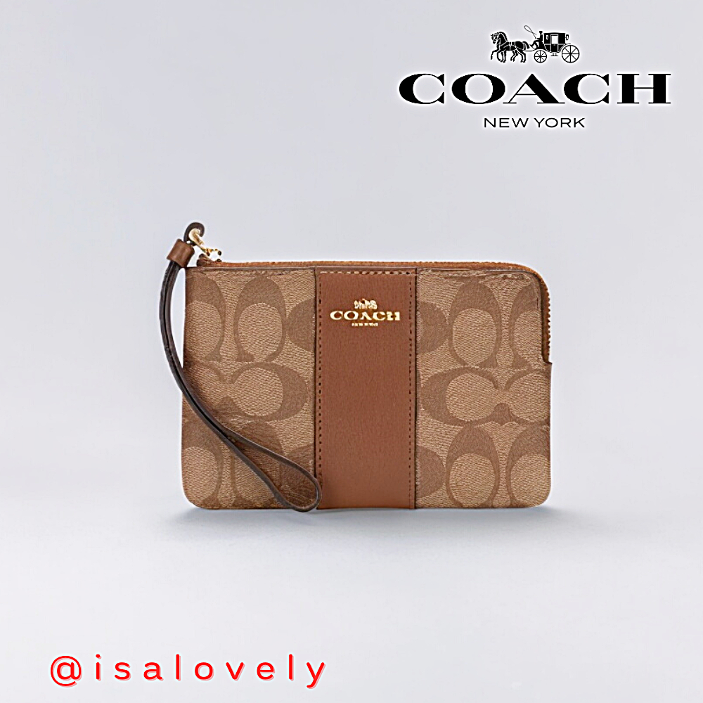 📌Isa Lovely Shop📌  COACH F58035 CORNER ZIP WRISTLET IN C SIGNATURE CANVAS Color: IM/KHAKI/SADDLE 2
