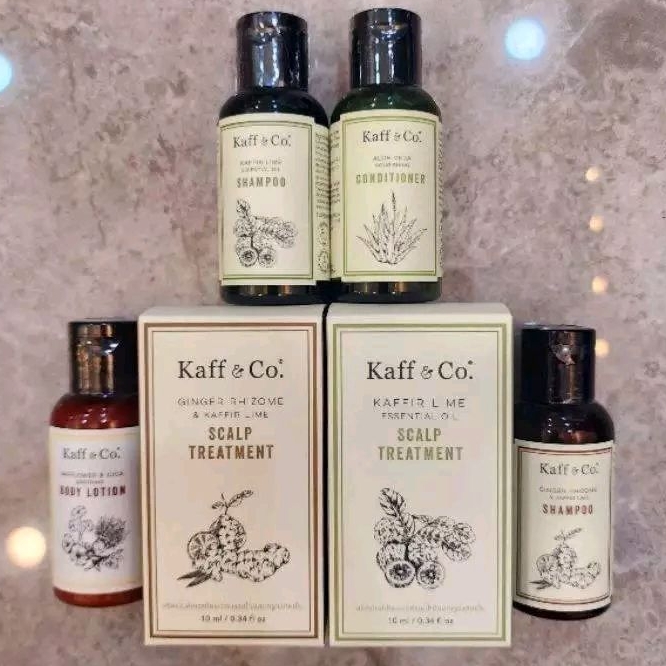 Kaff & Co. ขนาดพกพา แชมพูขิง /แชมพูมะกรูด /ครีมนวดว่านหางจระเข้ /ทรีทเม้นท์น้ำมันมะกรูด /ทรีทเม้นท์เหง้าขิง /Body Lotion