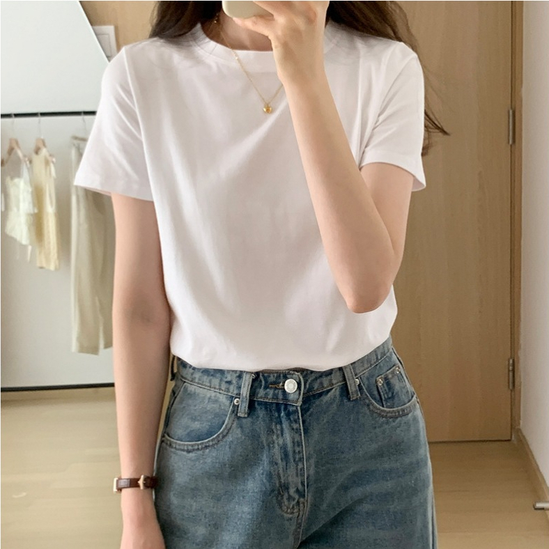 เสื้อยืดสตรีสีทึบสไตล์พื้นฐานเสื้อยืดคอกลม