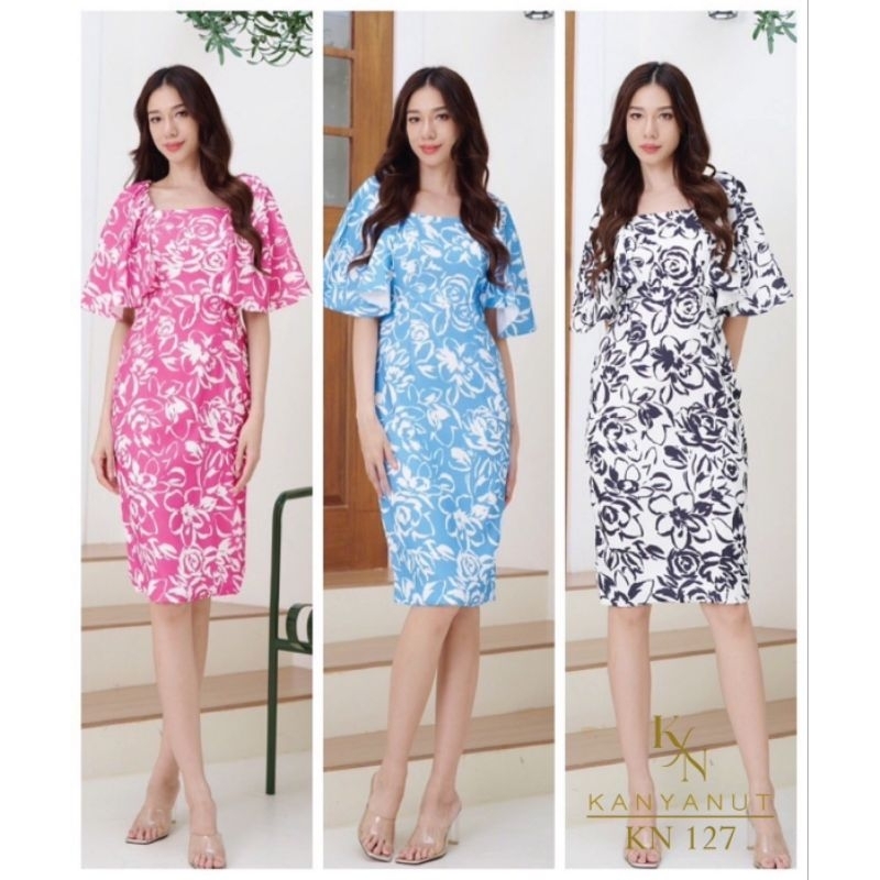 KN127_เดรสคอเหลี่ยมแขนระบาย (S.M.L.XL)