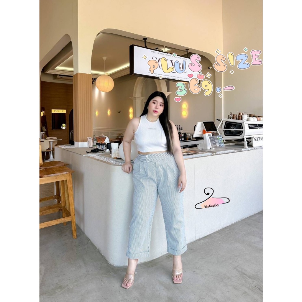 plus size กางเกง8ส่วน ลายริ้วผ้ากึ่งยีนส์