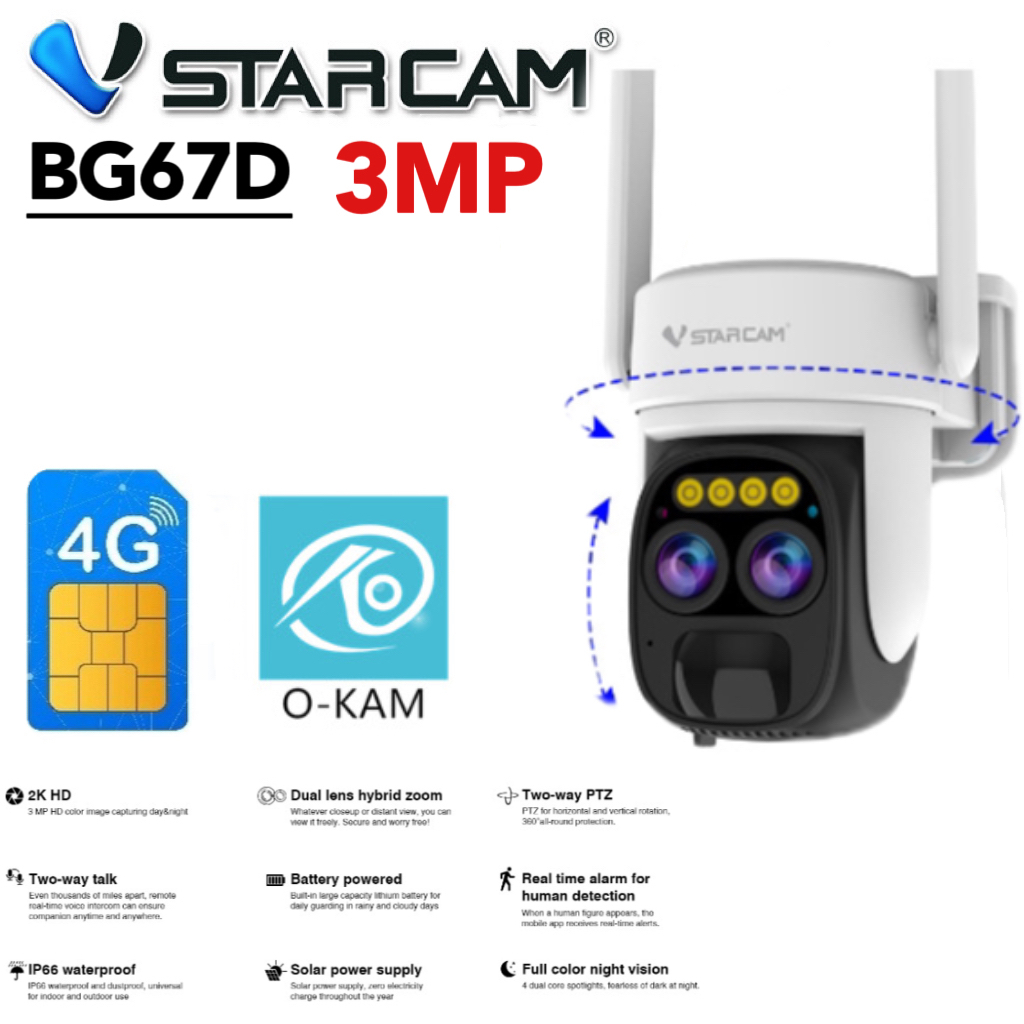 【VSTARCAM】 CB67D / BG67D กล้องวงจรปิด Solar Cell WIFI / ใส่ซิม 4G IP Camera ความละเอียด 3 ล้านพิกเซล