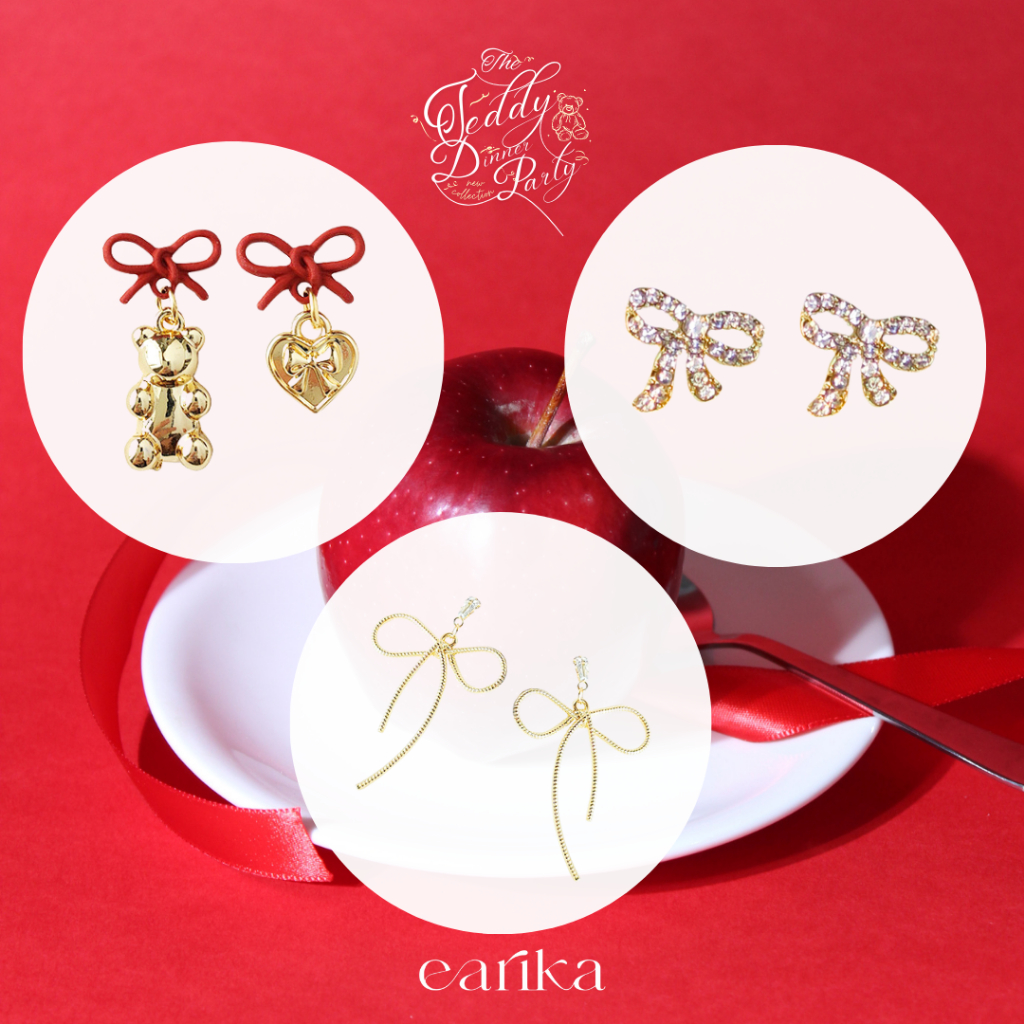earika.earrings - teddy dinner party collection คอลเล็คชั่นต่างหูโบว์และหมี ก้านเงินแท้ เหมาะสำหรับค