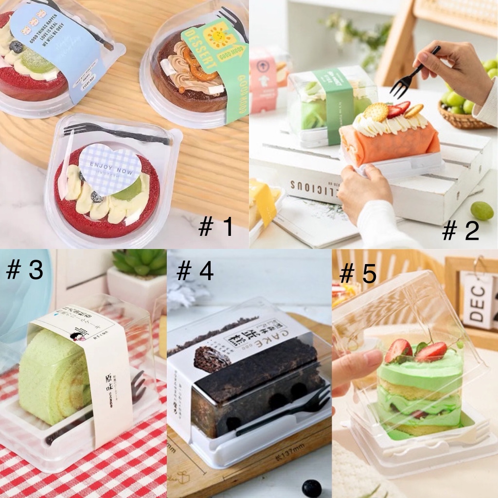 กล่องเค้ก พลาสติกใส 5 แบบ พร้อมฝา+ส้อม แพคละ 10 ใบ กล่องขนมพร้อมทาน Take Away Cake Box