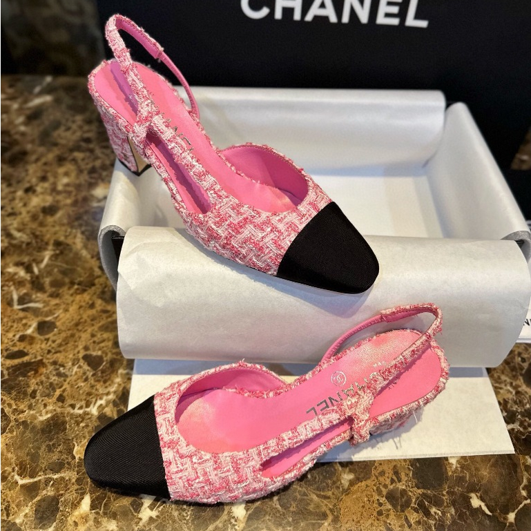 พรี​ ราคา4900 Chanel slingback wool tweed รองเท้าผู้หญิง รองเท้าแตะส้นแบน​size34-41cm