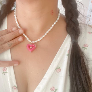 สร้อยคอลูกปัดมุกแต่งจี้หัวใจ A052 ลูกปัดมุกขาว