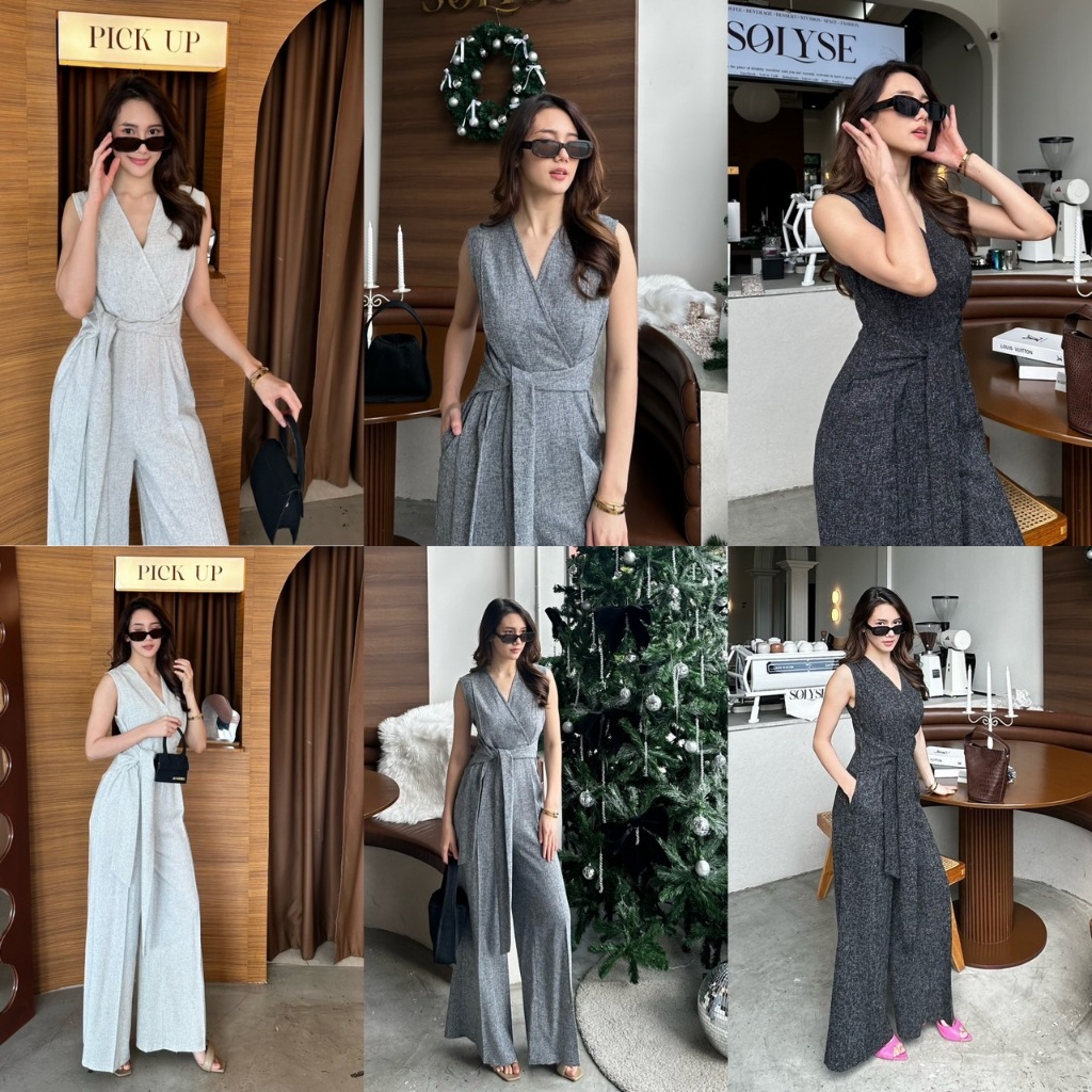 Alot #Lenny จัมพ์สูทขายาว ผ้าทวีตทอไม่หนามาก มีน้ำหนัก คอวีป้าย ขากระบอกกว้าง อัดจีบหน้าขา ซิปหลัง ใส่ง่าย