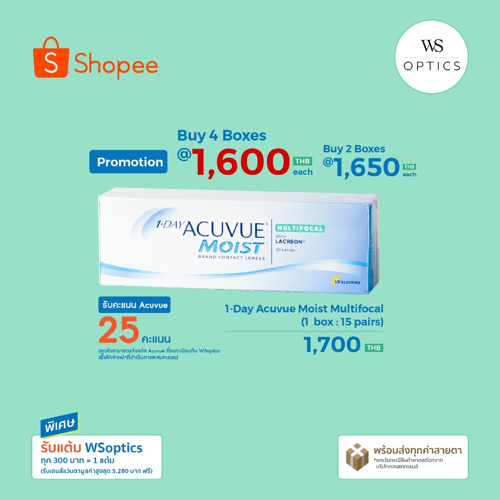 Acuvue : 1-Day Acuvue Moist Multifocal คอนแทคเลนส์สายตายาวตามวัย (1 Box :15 Pairs)