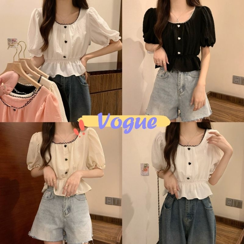 Vogue พร้อมส่ง เสื้อไหมพรมคอกลม แขนสั้นทรงเจ้าหญิงน่ารัก กระดุมหัวใจ (55061)