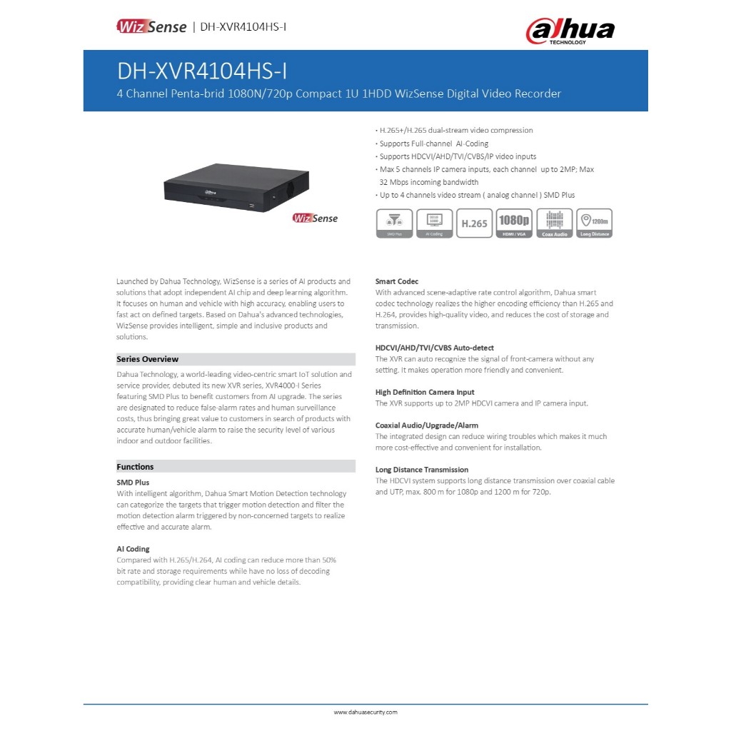 Dahua กล้องวงจรปิด 2MP กลางคืน 2 ระบบ มีไมค์ XVR4104HS-i + DH-HAC-B2A21P-U-IL-A 4 ตัว + ชุดอุปกรณ์