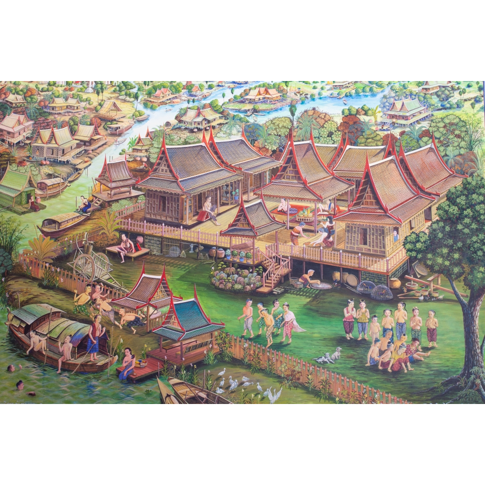 สติ๊กเกอร์ชุดภาพประเพณี วัฒนธรรมไทย - ภาพวิถีไทย การใช้ชีวิตของคนไทยสมัยก่อน วิวบ้านเรือนไทย เหมาะสำหรับสำหรับตกแต่งผนัง