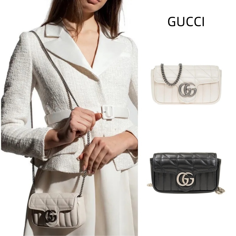 GUCCI GG Marmont series silver retro double G โลโก้/โซ่หนังกระเป๋าห้องเดี่ยว/กระเป๋าผู้หญิง/สีขาว/สีดำ