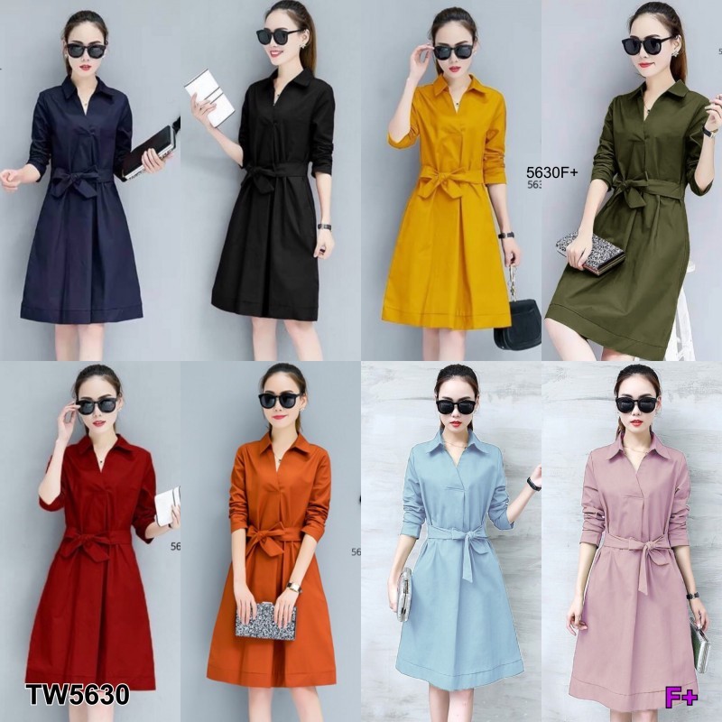 TwinsShopVip💗พร้อมส่ง TW5630 เดรสคอปกผูกเอว neck tie waist dress