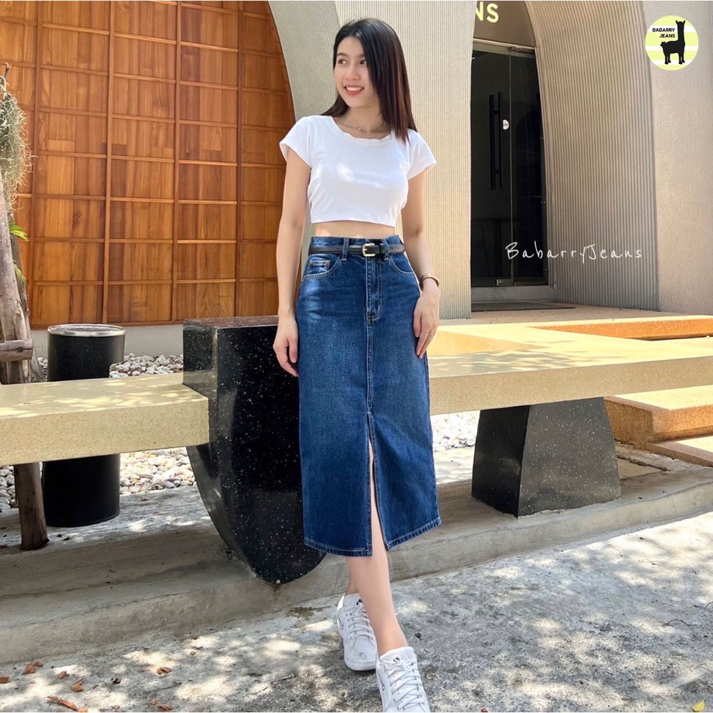 BabarryJeans กระโปรงยีนส์ยาว สุดเกา ผ่าหน้า สีเข้ม