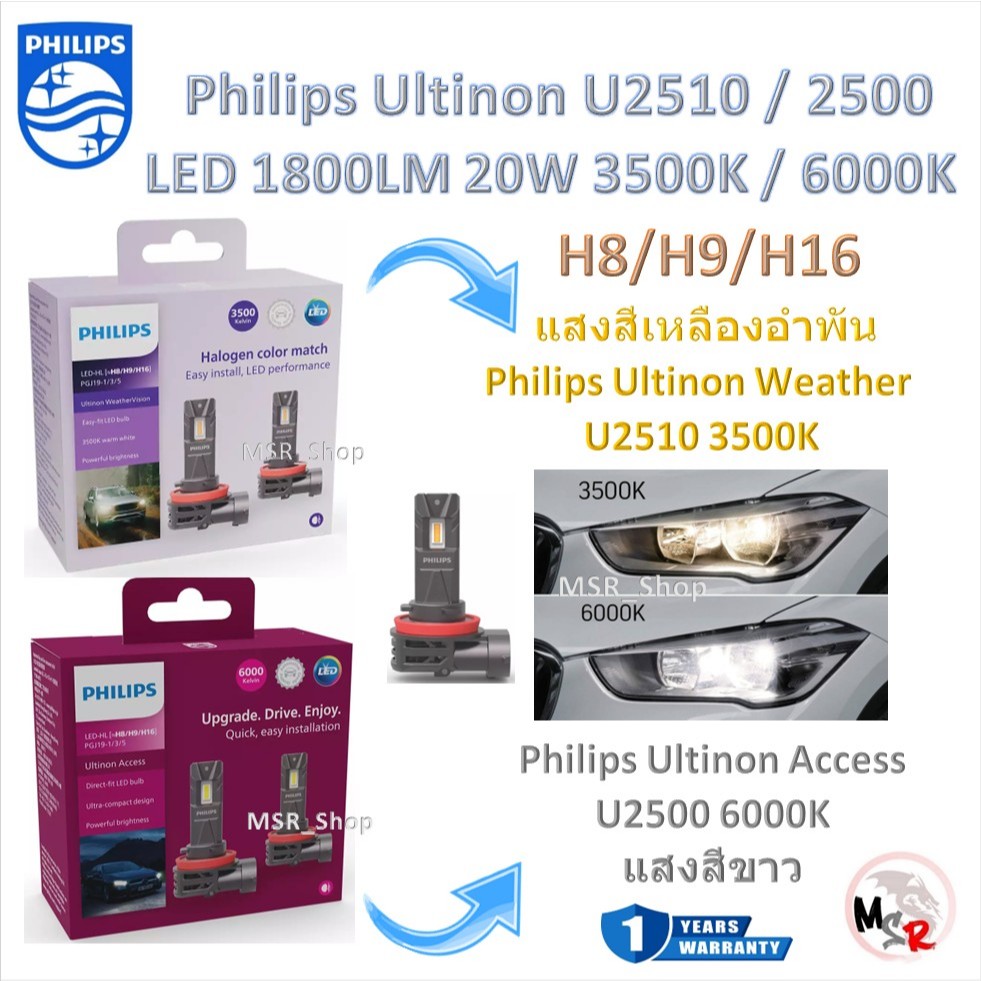 Philips หลอดไฟหน้ารถยนต์ LED Weather Vision U2510 3500K / Access U2500 6000K 1800LM H8/H9/H16