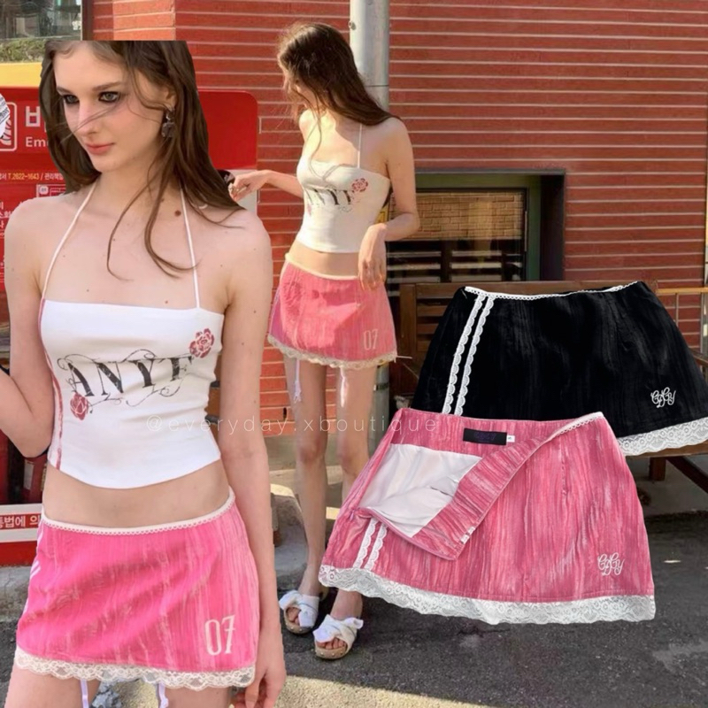 Velvet skirt (SML 450฿) สวยจริงไม่จกตา บอกได้คำเดียวว่าห้ามพลาด! เด็ด งานจริงคือสวยมาก กระโปรงกางเกงกำมะหยี่ แต่งลูกไม้