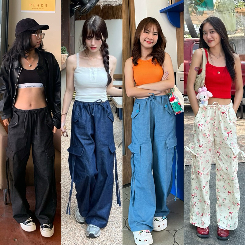 150cm y2k ผ้ายีนส์ กางเกงคาร์โก้ เอวเชือกผูก 4กระเป๋า [playwork.store] (011-y2k)