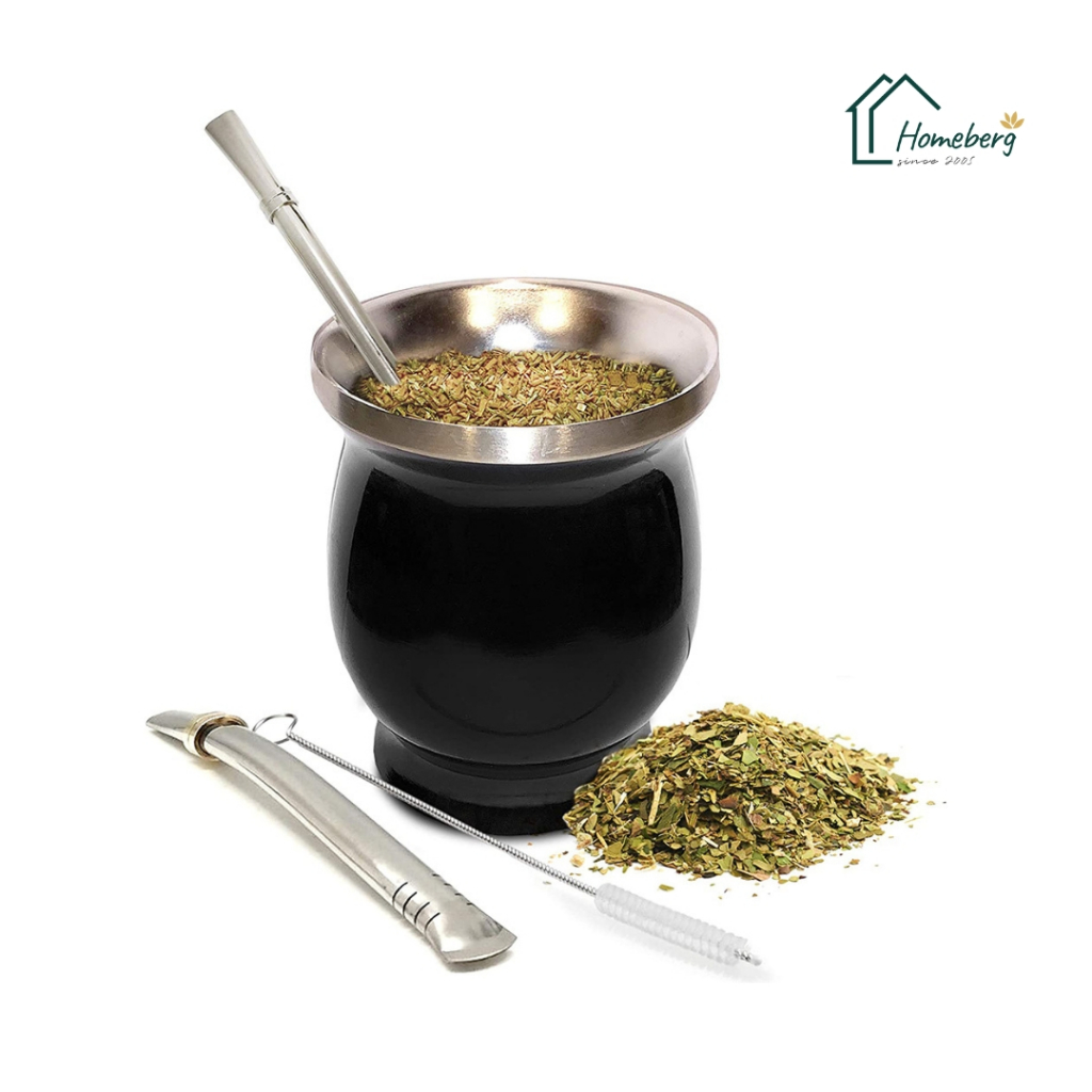 HOMEBERG แก้วชา เยอร์บา มาเต Yerba Mate Cup 304 แถมหลอดฟรี2อันพร้อมแปรงล้างทำความสะอาดสแตนเลส8ออนซ์อาร์เจนตินา