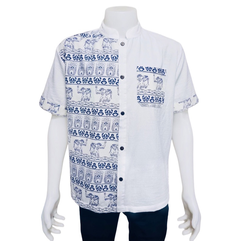 เสื้อพื้นเมืองผู้ชายคอจีนทูโทนลายช้าง