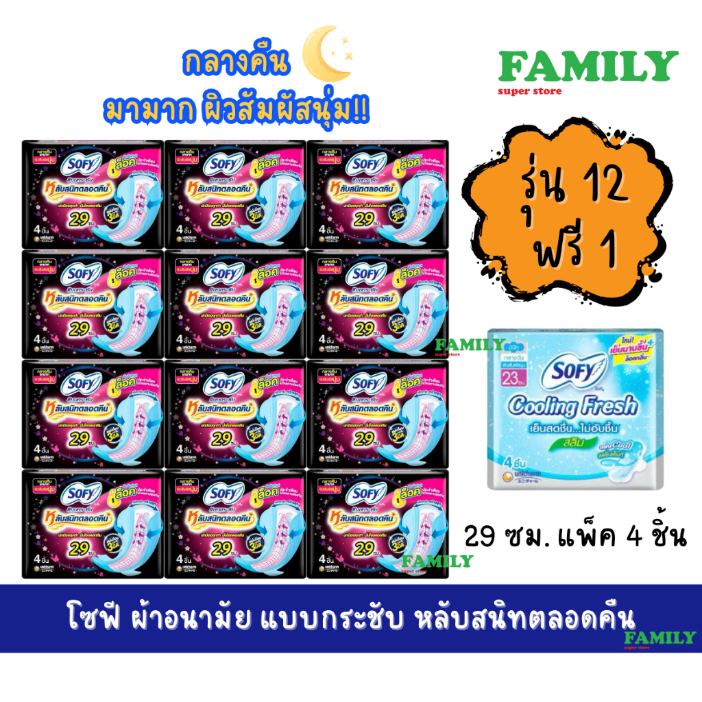 (แพคโหล) โซฟี ผ้าอนามัย แบบกระชับ 29ซม. แพค4ชิ้น (รุ่นแพค 12 ห่อ+ฟรี 1 ห่อ)