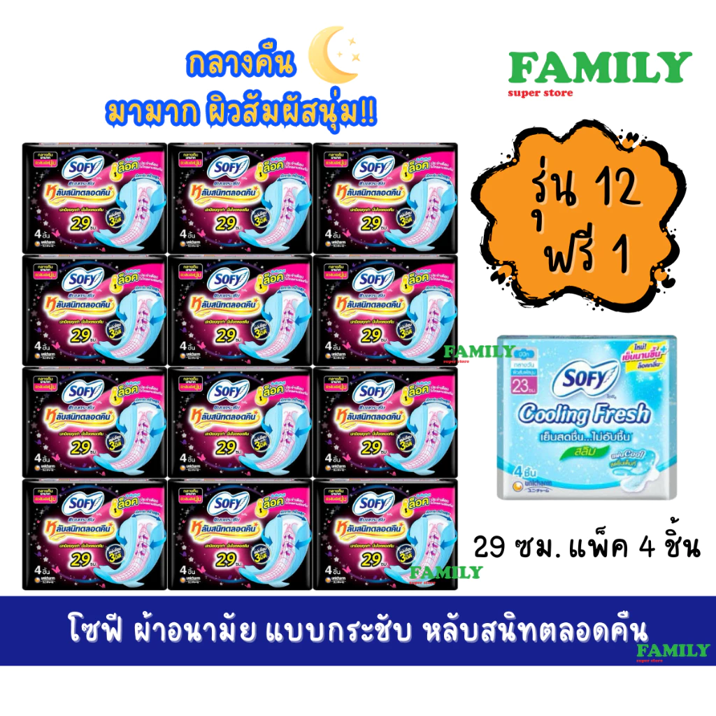 (แพคโหล) โซฟี ผ้าอนามัย แบบกระชับ 29ซม. แพค4ชิ้น (รุ่นแพค 12 ห่อ+ฟรี 1 ห่อ)
