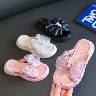 Babyonline(X368)2F3-6 (ส่งด่วน1วัน)รองเท้าแตะเสริมส้นแต่งไข่มุกสำหรับเด็กผู้หญิงสุดน่ารัก พื้นนุ่ม กันน้ำ มีกันลื่น